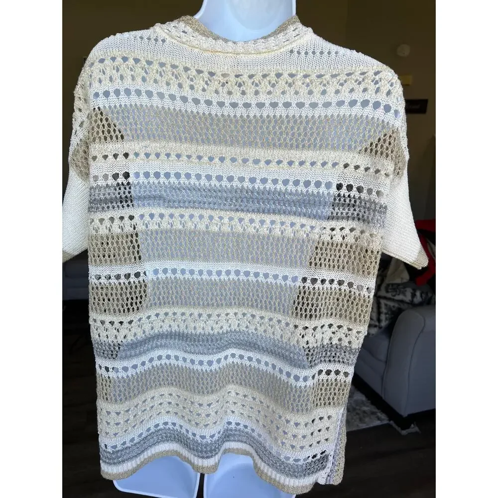 Chico's Small Open Weave Crochet V-Neck Slouchy Boho Short Sleeve Sweater #484‎